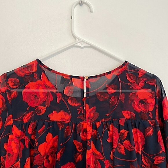 A NEW DAY Tiered Floral Blouse Navy Blue Red 3/4 Bell Sleeve Sheer / Lined Boho - Picture 12 of 12